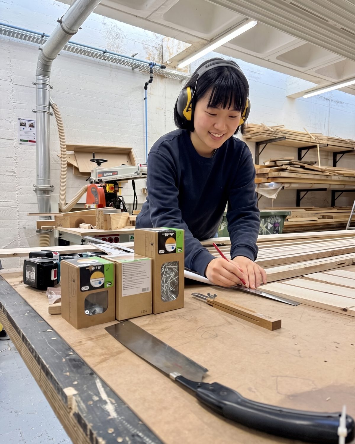 Maya measuring the rails for a Peeko Shelf at the workbench